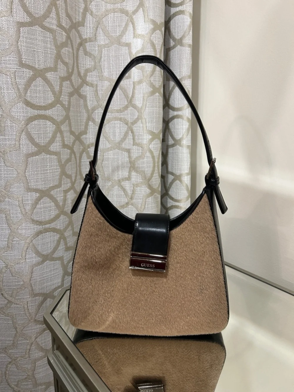 GUESS Tan and Black Hobo Shoulder Bag with Branded Clasp - Picture 1 of 1